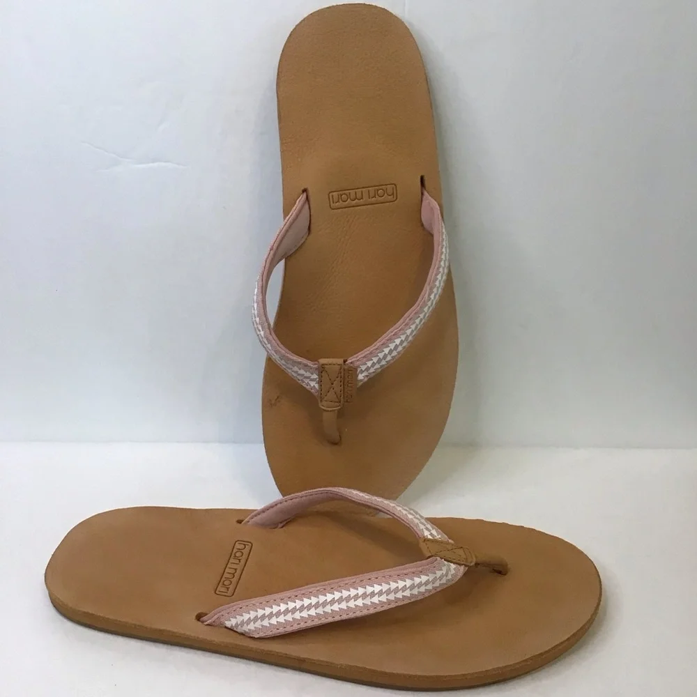 HARI MARI Women's Tan & Light Pink Leather Fields Puebla Flip Flops 8 - Picture 2 of 7
